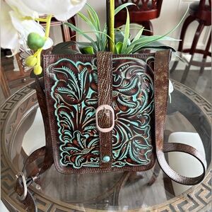 🤎🤎PATRICIA NASH VENEZIA POUCH TURQUOISE & BROWN TOOLED LEATHER CROSSBODY BAG! 🤎🤎